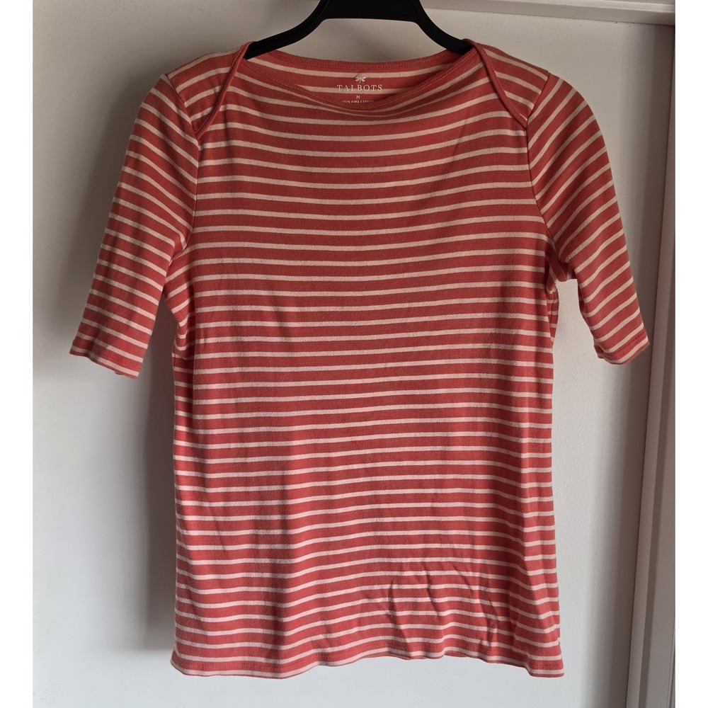 Talbots T-Shirt Women M Red White Striped Short Sleeve Round Neck Cotton Tee